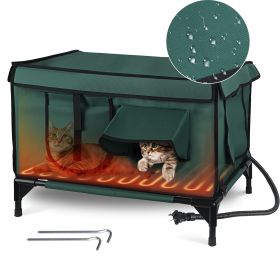 1Pc Waterproof Heated Cat House Outdoor Weatherproof Insulated Kitty Shelter Feral Cat Heating Bed With Heating Pad Anti-Chew Cord 2 Doors 3 Wind (Color: Green)